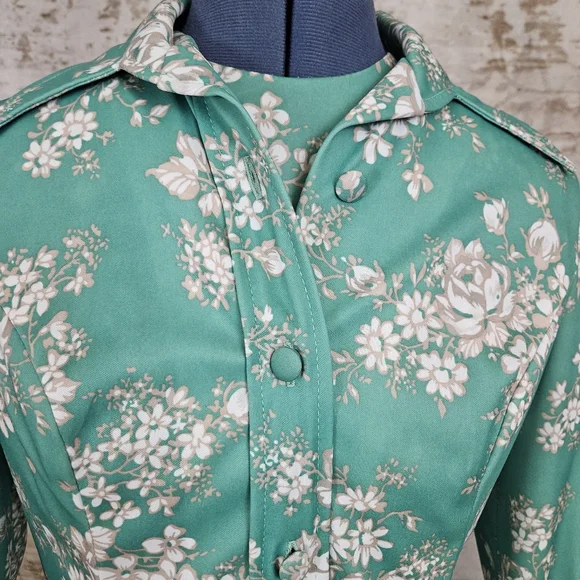 Vintage 1970s M Maxi Dress & Jacket Green Floral Mod Vintage VTG 70s Sleeveless - Picture 7 of 16